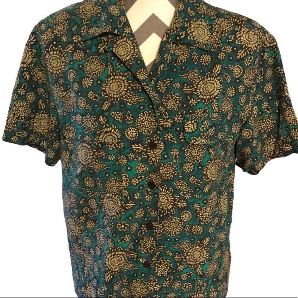 Seta Studio Silk Blouse Green, Black, Tan SMALL